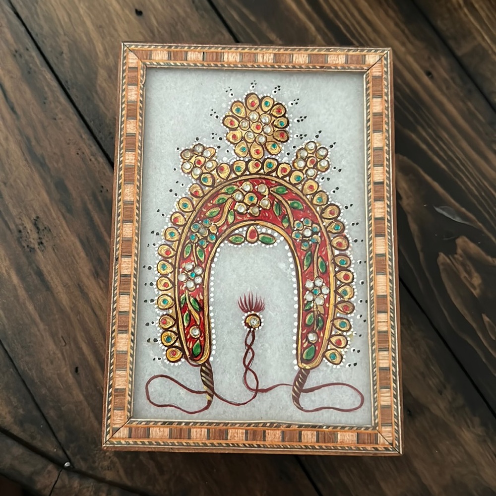 Vintage Rare HANDCRAFTED LEAF MEENAKARI MARBLE ART Trinket box Wood Hand painted